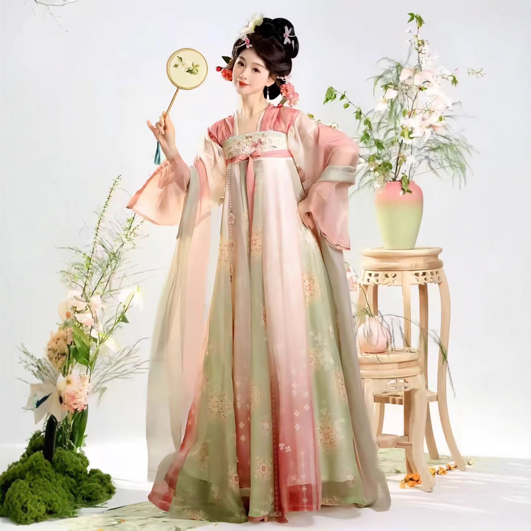 原创唐制汉服新款齐胸元素破裙一片式刺绣齐胸破裙飘逸春夏套装