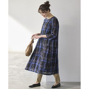 纯元 棉混纺连衣裙格子连衣裙 sanfin日单大码
