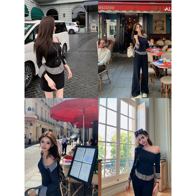 现货【高智留子生】很爱的学究格纹衬衫“时髦假两件”斜肩上衣