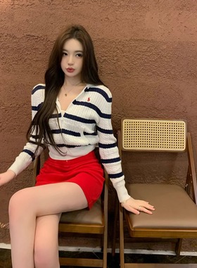 【Classic条纹】穿不腻味 藏青色条纹绞花精梳棉纱连帽开衫上衣