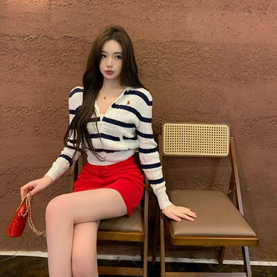 【Classic条纹】穿不腻味 藏青色条纹绞花精梳棉纱连帽开衫上衣