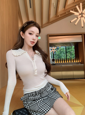 现货【娇气千金】chlo-新季“水溶蕾丝”花边领polo甜美系上衣