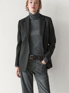 秋冬新款Massimo 灰色高智感通勤法兰绒毛呢西装外套06023596829