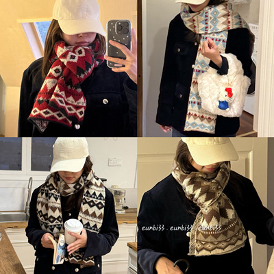 eunbi33 高级感百搭加厚保暖围脖冬季费尔岛风复古提花针织围巾女