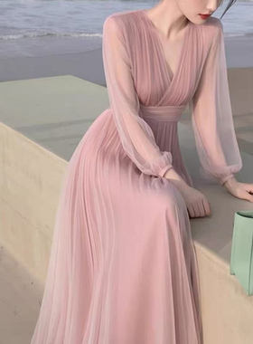 法式温柔系穿搭高端精致轻奢高级感上流社会粉色雪纺连衣裙春