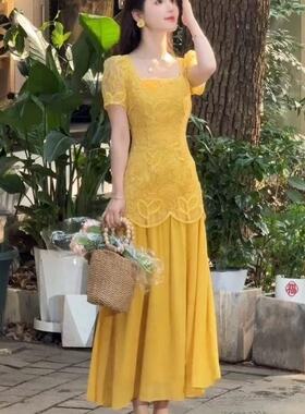 今年流行超好看连衣裙女2025夏季新款高端轻奢收腰独特重工鱼尾裙