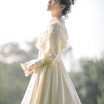 宫廷风复古华丽洋装礼裙碎花蕾丝公主连衣裙长袖收腰显瘦气质礼服