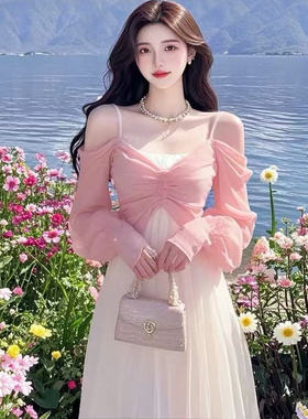 2025春季新款多巴胺绝美小裙法式气质独特轻奢粉色假两件连衣裙女