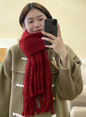 韩系红色蓝色围巾女冬季加厚针织仿羊绒保暖围脖情侣学生百搭长款
