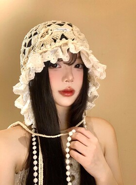 日系甜美蕾丝珍珠镂空针织帽女