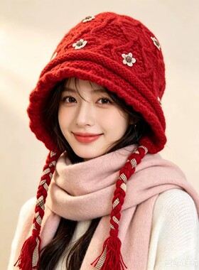 秋冬针织护耳毛线帽女花朵装饰百搭保暖拉法帽显脸小日系氛围感
