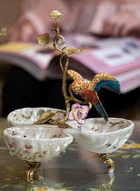 凤凰美居欧式茶几果碟居家实用糖果盘纯铜手绘陶瓷小鸟拼盘软装饰