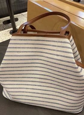 2025新款韩系小众大容量条纹托特包高级慵懒时尚通勤百搭帆布包包