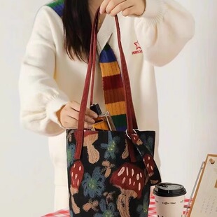 新款蘑菇秋冬复古大容量通勤单肩水桶包购物袋手拎包帆布包