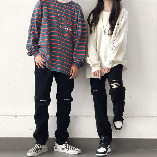 paset裤子男宽松直筒帅t破洞休闲