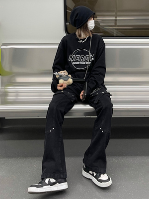 PASET绑带微喇叭修身黑色牛仔裤潮设计感裤子男美式高街vibe复古