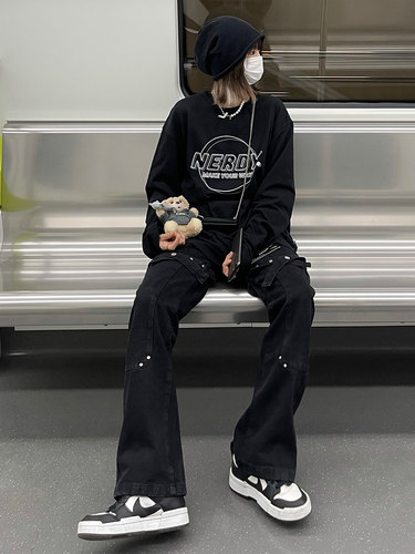 PASET绑带微喇叭修身黑色牛仔裤潮设计感裤子男美式高街vibe复古