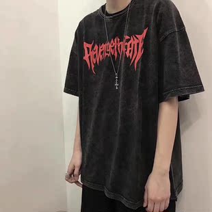 新因素国潮牌复古水洗做旧红字紫黑宽松情侣短袖那女同款T恤情侣