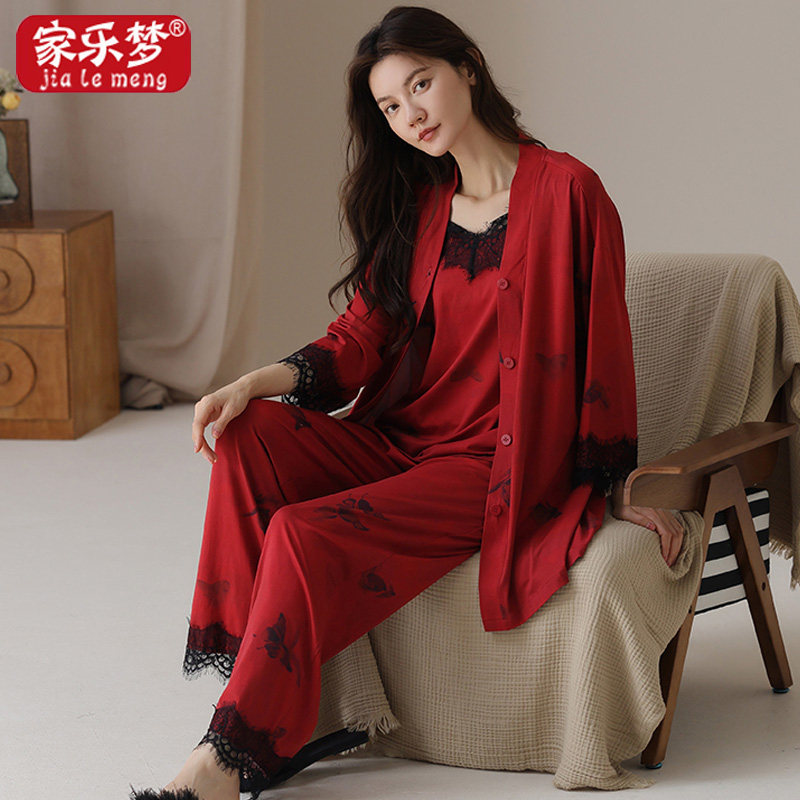 家乐梦春秋季女纯棉红色结婚睡衣