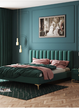 港式轻奢丝绒布艺床简约现代墨绿色床网红ins双人床小户型齐边床