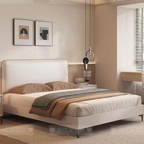 简约现代奶油风科技布实木双人床