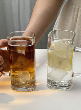 简约ins风条纹玻璃杯带把吸管直身方杯牛奶杯饮料杯奶昔杯咖啡杯