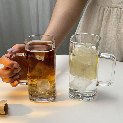 条纹玻璃杯带把吸管直身方杯