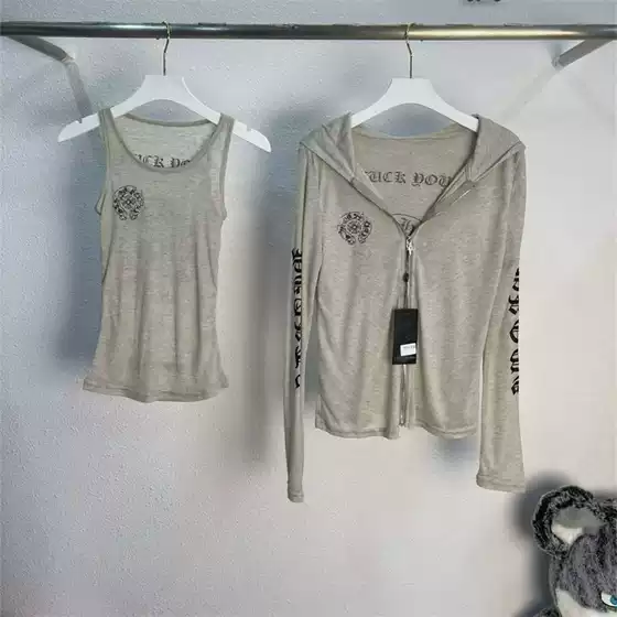 Ice-Feel Summer Outfit for Women, New Style with Sanskrit Print, Hooded Sun Protection Shirt + Relaxed Pure Desire Camisole Two-Piece Set