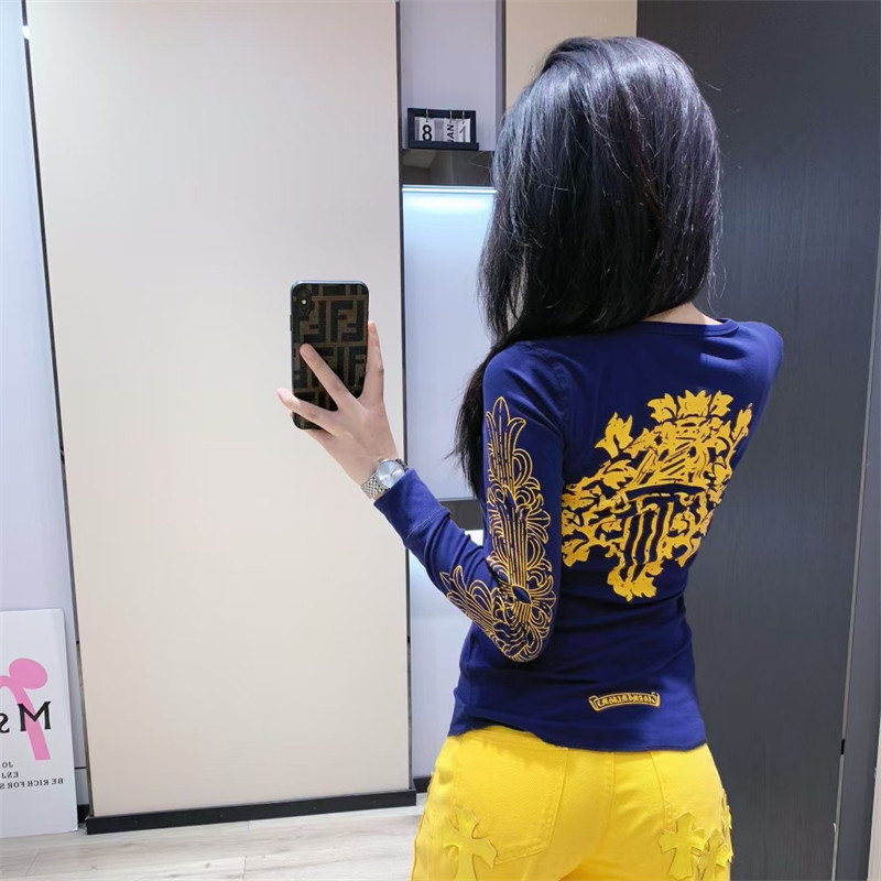 宝剑梵文双臂印花长袖T恤女夏季新款修身显瘦设计感百搭洋气上衣