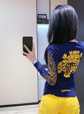 宝剑梵文双臂印花长袖T恤女夏季新款修身显瘦设计感百搭洋气上衣