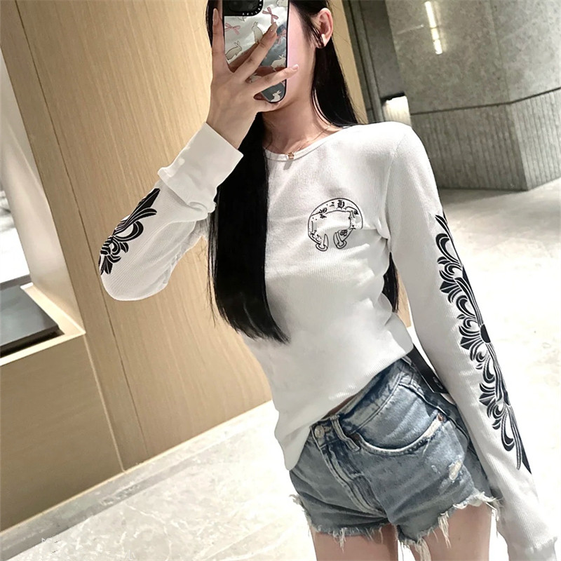 马蹄梵文双臂印花长袖T恤女秋季小众纯欲显瘦华夫格百搭洋气上衣