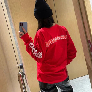 梵文卷轴印花红色长袖T恤女秋季小众设计感宽松中长款慵懒ins上衣