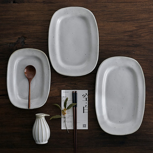玩物志日式 纯色平盘长方形菜盘文艺复古粗陶餐盘早餐盘沙拉盘侘寂