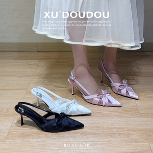 羊皮版 温柔风蝴蝶结尖头细跟高跟鞋 女后绊带浅口单鞋 百搭 夏季