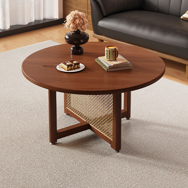 中古实木藤编茶几圆形边几茶桌子