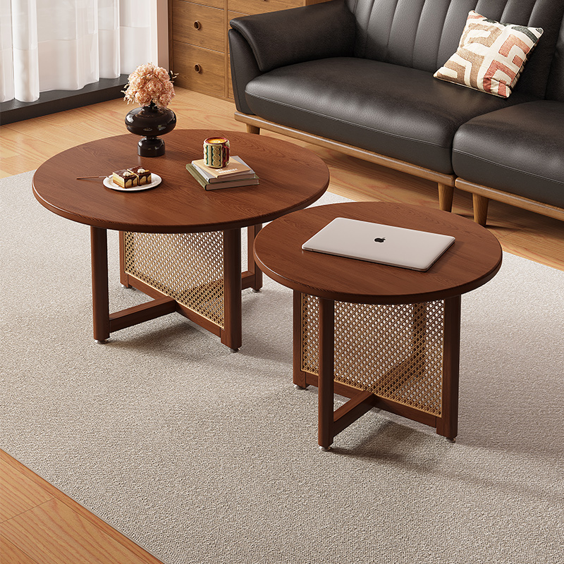 中古实木藤编茶几圆形边几