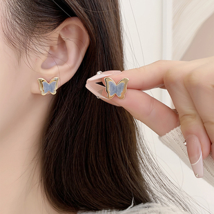 925银针超仙蝴蝶耳钉小众设计感气质耳饰精致优雅耳环耳夹无耳洞