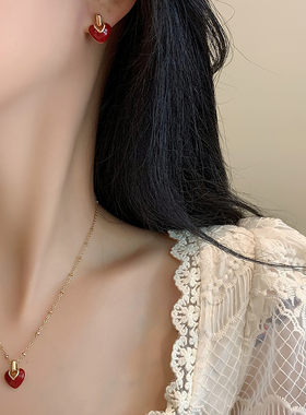 爱心项链耳钉套装复古小众甜美