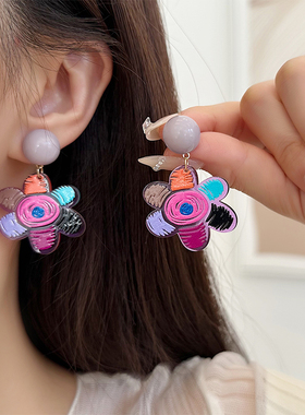 紫色涂鸦花朵耳环小众设计感耳钉可爱少女百搭撞色耳饰耳夹无耳洞