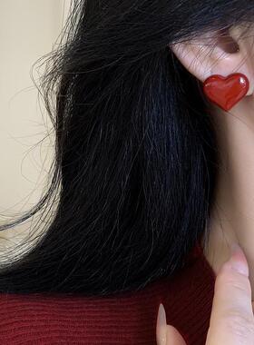 秋冬复古爱心红色耳钉女气质独特耳环耳饰高级感无耳洞耳夹配饰品
