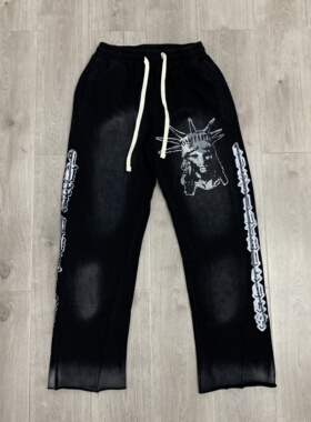 Lost intricacy复古雕像印花洗水做旧美式潮牌高街抽绳休闲长裤