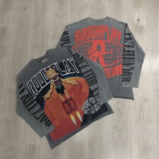 RoughPlay美式INS阿童木做旧洗水烫钻潮牌街头宽松纯棉长袖T恤衫