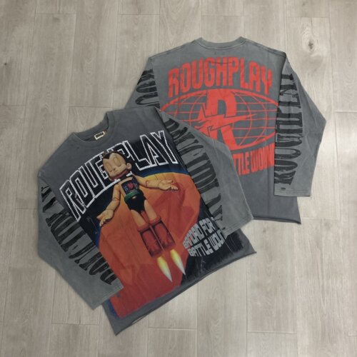 RoughPlay美式INS阿童木做旧洗水烫钻潮牌街头宽松纯棉长袖T恤衫