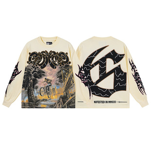 潮牌godspeed骑行少年印花美式INS复古摇滚纯棉男女宽松长袖T恤衫