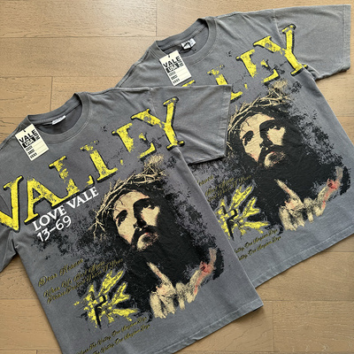 潮牌Vale Valley欧美野人印花INS高街夏宽松双纱重磅纯棉短袖T恤