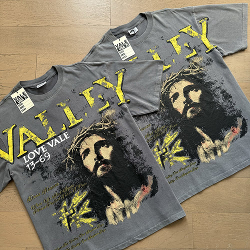潮牌Vale Valley欧美野人印花INS高街夏宽松双纱重磅纯棉短袖T恤
