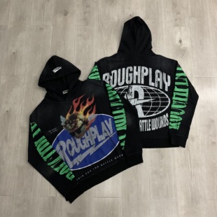 RoughPlay新款INS白墨直喷做旧印花美式潮牌宽松毛圈纯棉连帽卫衣