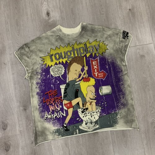 新款RoughPlay美式INS动漫烫钻破洞复古洗水做旧纯棉坎肩无袖T恤