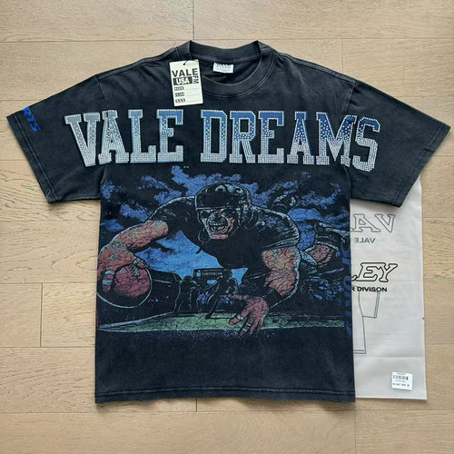 美式Vale Valley棒球比赛印花烫钻洗水做旧潮牌夏双纱纯棉短袖T恤
