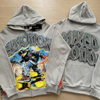 MIXED EMOTION美式潮牌滑板少年烫钻字母宽松纯棉拉链卫衣连帽衫